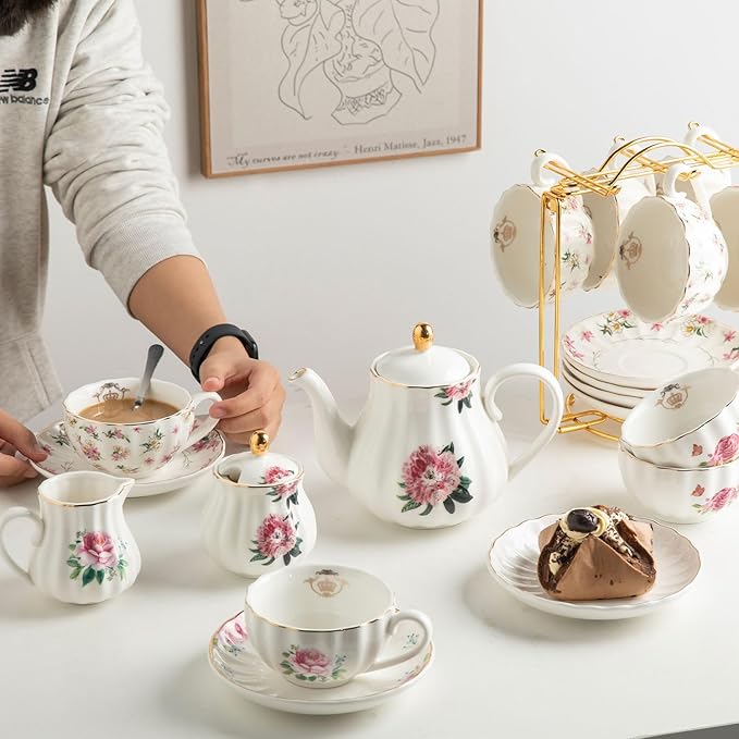 Sweejar Porcelain Tea Sets British Royal Series, 8 OZ Cups & Saucer Service for 6, with Teapot Sugar Bowl Cream Pitcher Teaspoons and Tea Strainer, Suitable for High Tea, Wedding, Party