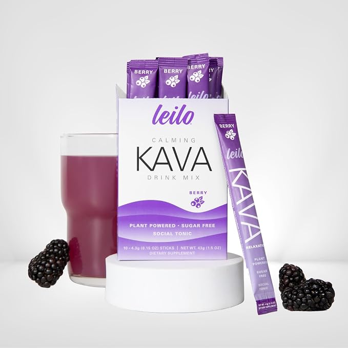 Leilo | Calming Kava Drink Mix | Berry, 10 Stick Packs (Plant-Based Relaxation Powder, Non-Alcoholic, Sugar-Free Herbal Supplement)