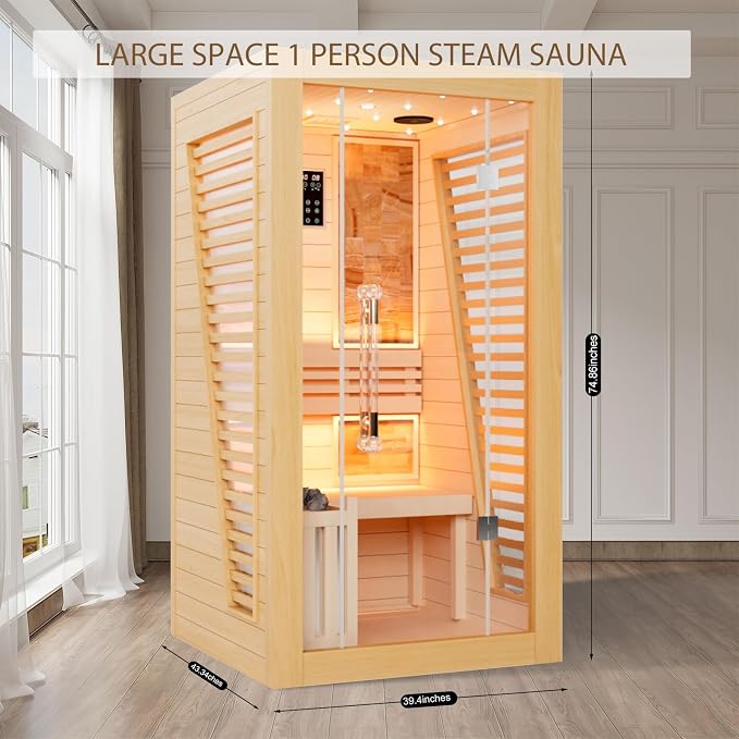Smartmak Wood Home Steam Sauna, WiFi Control 1 Person Canadian Hemlock Traditional Luxurious Wooden Indoor Spa Room, with 3.5 kw Heater, Speaker, Rocks, Water Bucket, Spoon, Sky Lights