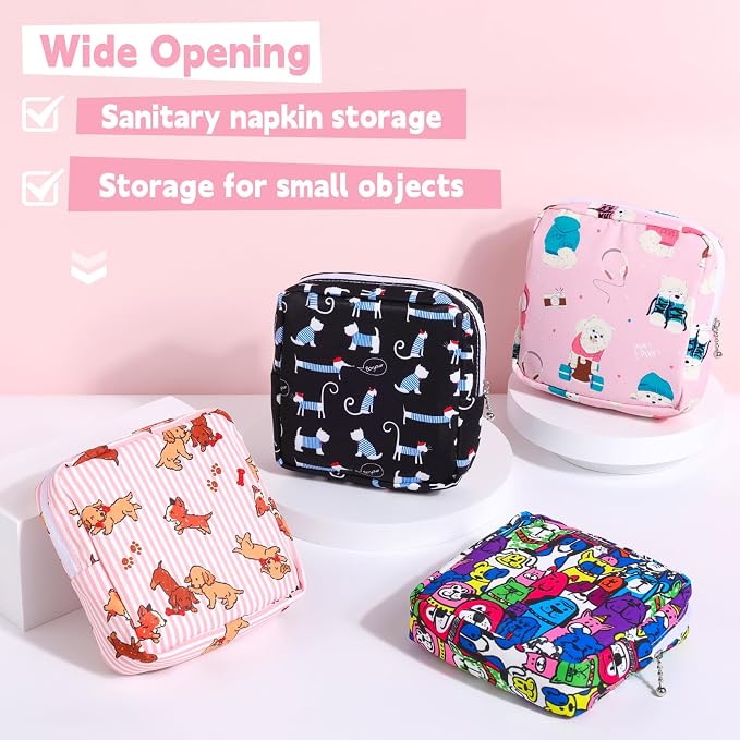 Sanitary Pad Storage Bag Portable Period Bag for Teen Pads/Sanitary Napkins/Small Tampons, Sanitary Napkin Storage Bag First Period Gifts for Teen Girls (Colored Puppy)