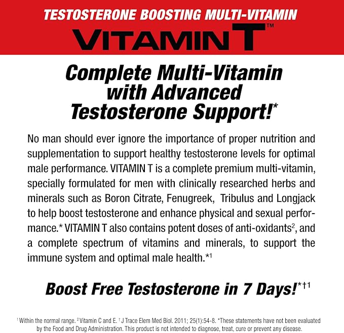 MuscleMeds Vitamin T Daily Complete Multivitamin for Men Enhances Testosterone Muscle Building Sexual Performance 20 Vitamins Minerals Fenugreek Tribulus Longjack, Brown, 90 Count