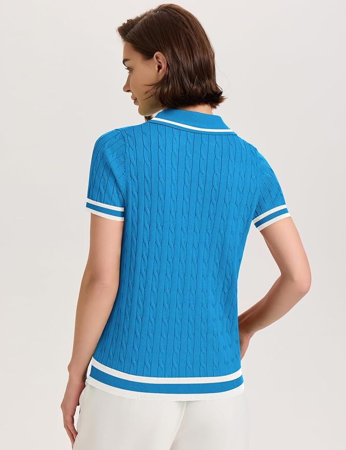 Micoson Womens Short Sleeve Sweater Tops Lapel V Neck Polo Shirts 2026 | Summer Cable Knit Loose Blouses, Business Casual Outfits