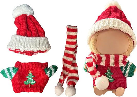 17cm Dolls Christmas Outfit - 3-Piece Clothing Set for Labubu Clothes ,Including a Knitted top, hat and Scarf Accessories, Christmas Clothes for Labubu Dolls Accessories- (No Doll)