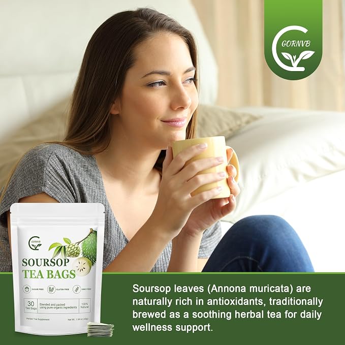 Organic Soursop Leaf Tea Bags | Annona Muricata Herbal Tea for Relaxation & Wellness | Caffeine-Free, Antioxidant Rich | 30 Count | Gluten-Free, Non-GMO