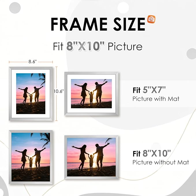 FIXSMITH 8x10 Picture Frame Set of 2, Silver Photo Frame with HD Plexiglass, Display Pictures 5x7 with Mat or 8x10 Without Mat Multi Picture Frames Collage for Tabletop or Wall Display