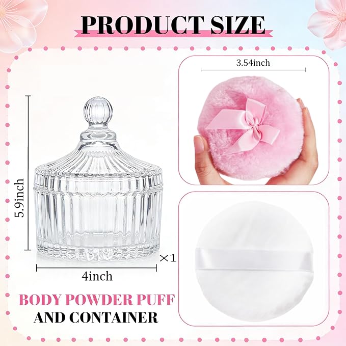 LAKIRA Large Body Powder Puff and Container, 2 Large Powder Puffs, Crystal Powder Container with 3.94" Puff for Baby Women, Dusting Powder Container with Puffs for Women, Bath, Home Use (4″ Pure C)