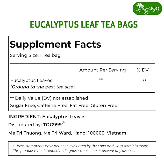 TOG999, Premium 100 Eucalyptus Leaf Tea Bags, 100% Natural & Pure Eucalyptus Leaves. Loose Leaf Eucalyptus Herbal Tea. Eucalyptus Leaf Tea. No Sugar, No Caffeine, No Gluten, Vegan.
