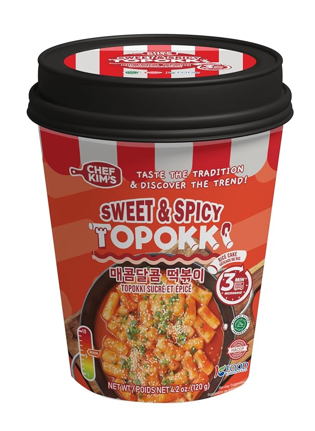 POCAS Chef Kim's Korean Instant Topokki Rice Cake Cups, Microwaveable Rice Cake Snack, Ready in 3 Minutes, 4.2 oz (120g) per Cup, 12 Tteokbokki Cups per Case, Authentic Korean Street Food. (Sweet & Spicy)