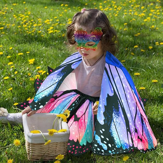 Kids Butterfly Wings Costume for Girls Fairy-Wings Toddler Dress Up Play Costumes Butterfly Skirt Set Mask Party Favors Gifts（Blue & Red）