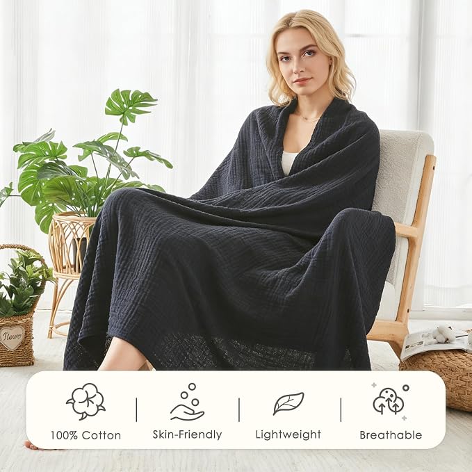 EMME Muslin Blankets for Adults Throw Blanket for Couch Breathable Gauze Soft Lightweight Airy Black King 108" x 90"