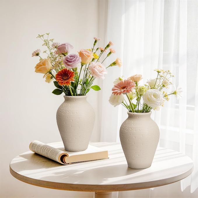 Ceramic Flower Vases Set of 2, 8.1 Inch Rustic Farmhouse Decorative Terracotta Vases for Home Decor, Table, Mantle, Fireplace, Living Room, Bathroom, Wedding Centerpiece Gifts for Women