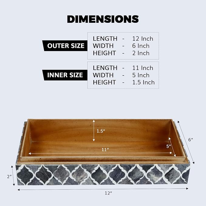 Handicrafts Home Large Decorative Storage Box with Lid, Moroccan Coffee Table Storage Organizer Box, Wooden Remote Holder Keepsake Storage Box, Console Table Storage, Gray, 12 x 6 x 2