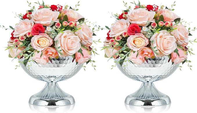 Metal Urn Vases for Centerpieces - 6.3" Tall Flower Pot Planters, Wedding Table Decor, Party Reception, Home Floral Arrangement (2, Silver)