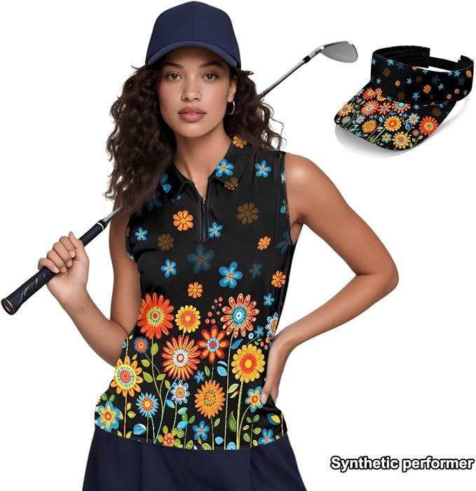 POLERO Golf Tank Top Women Golf Shirts and Visor Hat Collared Racerback Tennis Shirt Set Quarter Zip