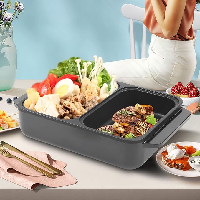 Hot Pot with Grill,2 in 1 Indoor Non-Stick Electric Hot Pot and Frying Pan,Independent Temperature Control,Portable Multifunctional Smokeless Korean BBQ Grill for 1-2 People (Black)