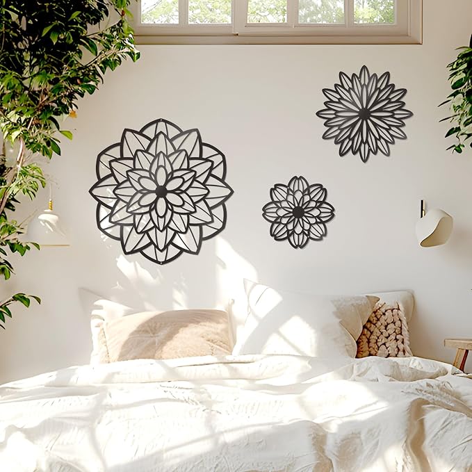 Zzbakress 3 Pcs Metal Flowers Wall Art Bathroom Wall Decor (Black Modern) | Farmhouse Flower Bathroom Decor Wall Decorations For Bathroom, Living Room, Office, Kitchen, Hallway And Outdoor