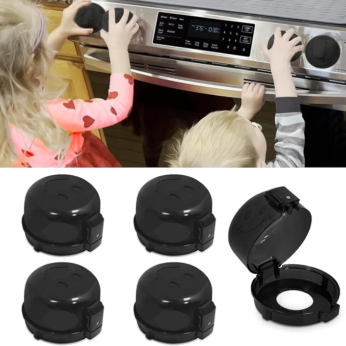 Childproof Stove Knob Safety Covers, Oven Knob Covers for Child Safety 5 Pack, Black Stove Knob Covers & Gas Stove Locks,Heat-Resistant Adhesive,Double-Key Baby Proof Covers for Gas/Electric Burner ﻿