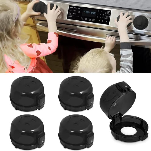 Childproof Stove Knob Safety Covers, Oven Knob Covers for Child Safety 5 Pack, Black Stove Knob Covers & Gas Stove Locks,Heat-Resistant Adhesive,Double-Key Baby Proof Covers for Gas/Electric Burner ﻿