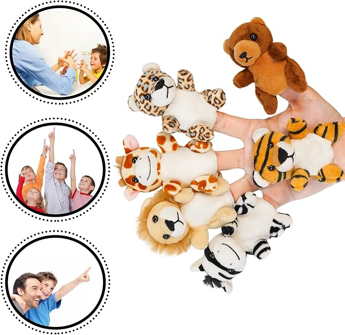 Jungle 6pcs Finger Puppets Set, Cute Animal Puppet for Role-Playing Mini Hand Puppets Giraffe Zebra Lion Tiger Brown Bear Leopard (jungle02)