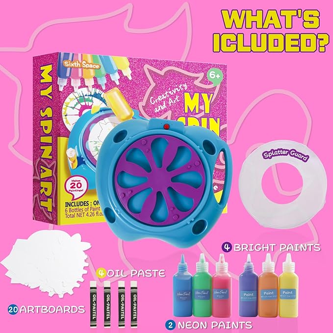 Spin Art Machine for Kids Ages 6-8,Adjustable Speed Arts&Crafts Paint Spinner Toy with Origami Artwork, Thicker Splatter Guard, Battery Operated Kids Crafts Kits, Gift Boys Girls