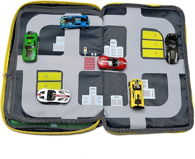 Portable Kids Play Case with Toy Cars, Dinosaur Design, Building Base Plate, and City Road Map, Educational Travel Activity Set Travel Toys Birthday gift for kids aged 3-6