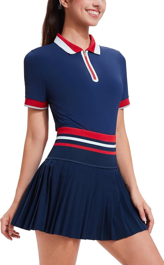 Tennis Skirt Sets for Women Zipper Color Block High Waisted Golf Polo Two Piece Skirt Set Women 2 Piece Outfits