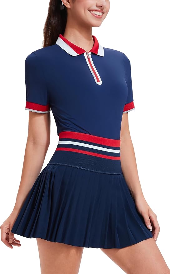 Tennis Skirt Sets for Women Zipper Color Block High Waisted Golf Polo Two Piece Skirt Set Women 2 Piece Outfits