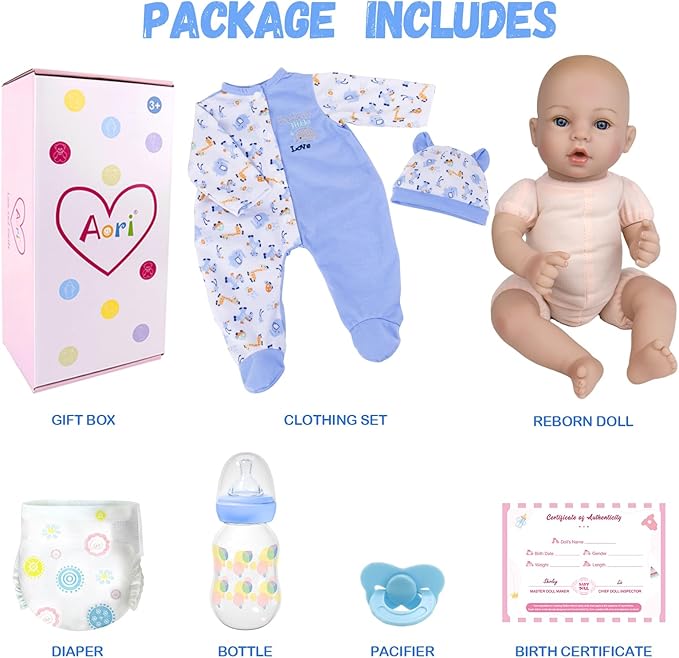 Aori Reborn Baby Dolls Boy - 18'' Realistic Newborn Baby Doll with Blue Feeding Set & Birth Certificate - Lifelike Weighted Body for Role Play, Gift for Kids Ages 3+