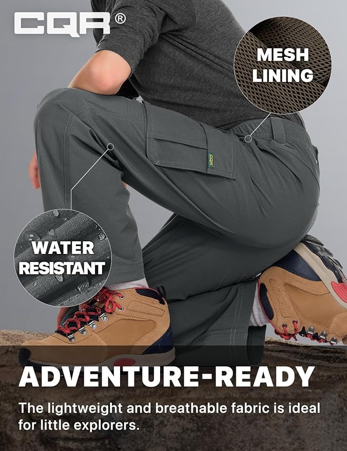 CQR Kids Boy’s Hiking Cargo Pants, Water Resistant UPF 50+ Quick Dry Youth Casual Outdoor Climbing Camping Trousers