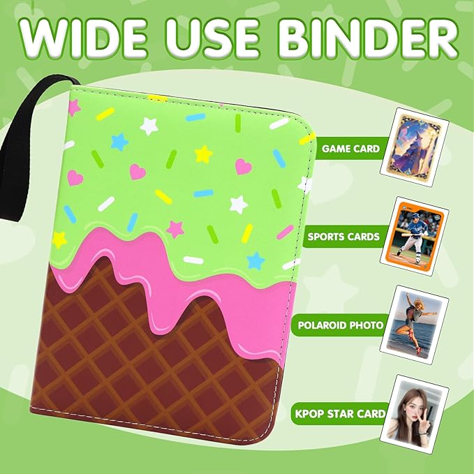 Cute Ice Cream Cake Card Binder for Girls, 400 Pocket Card Album Gifts, Ice Cream Donut Trading Game Card Holder Album for Standard Size Cards, Collectible Game Collection Case (Green)