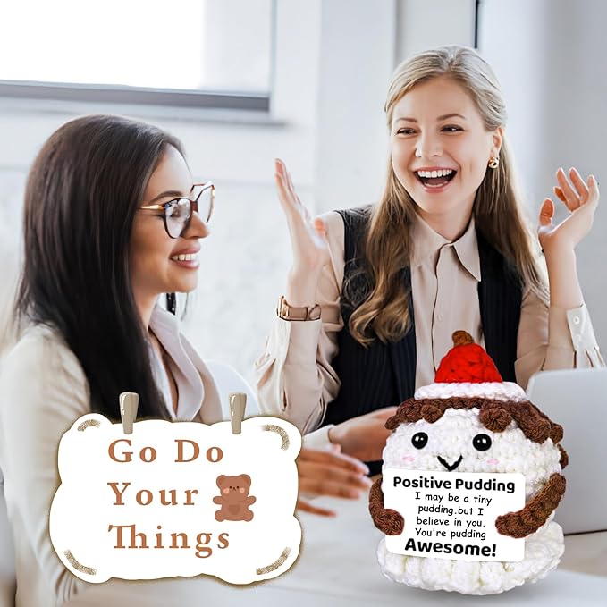 PARTY TONIGHT Mini Positive Crochet Animal Inspirational Gifts, Handmade Positive Pudding Crochet with Inspirational Card Positive Emotional Support Gift for Women Men Teacher Birthday Gift