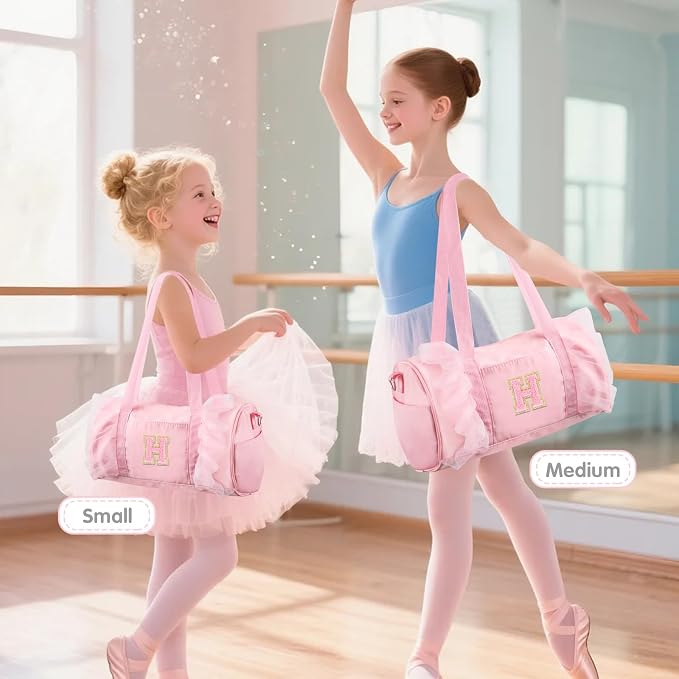 Personalized Initial Dance Bag for Girls 6-9, Medium Lace Gym Sport Yoga Cheer Dance Bags Gift for Teen Girls, Cute Letter Kids Ballet Bag Toddler Travel Duffel Tote with Adjustable Straps(Pink-H)