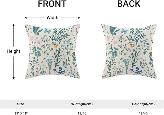 AEIOAE Spring Pillow Covers 18x18 Inch Set of 2,Blue Teal Wild Flower Plant Throw Pillows Case,Seasonal Floral Outdoor Decorative Square Linen Farmhouse Decor Cushion Covers for Home Sofa Bed Couch