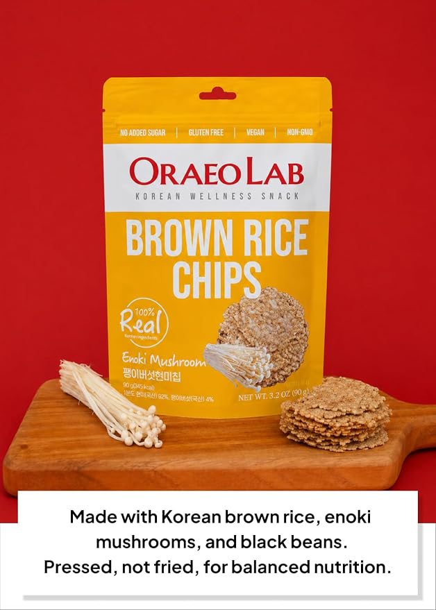 Korean Food Brown Rice Chips with Enoki Mushroom, Vegan, 3.17 oz (90g) | Pressed brown rice chips with enoki mushroom, made without frying and suitable for vegan diets