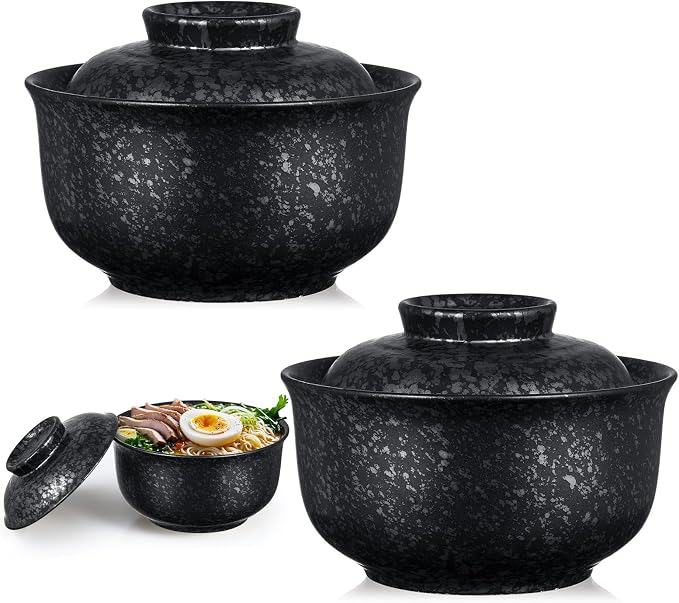SiliFine Ramen Bowl Set of 2 Ceramic Ramen Bowl with Lid 25oz Microwave Clay Pot Traditional Japanese Tableware Korean Clay Pot for Christmas Soup Salad Meal Rice Home Office(Black,Calssic)