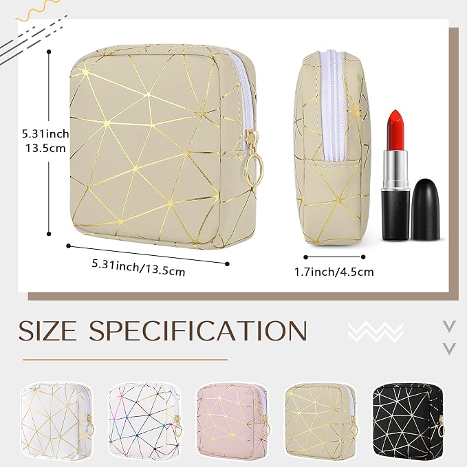 Likesing Sanitary Napkin Storage Bag, Leather Portable Period Bag for Girls Women, Sanitary Napkin Period Pad Pouch Tampon Holder for Purse (Beige Gold, Small-5.1")