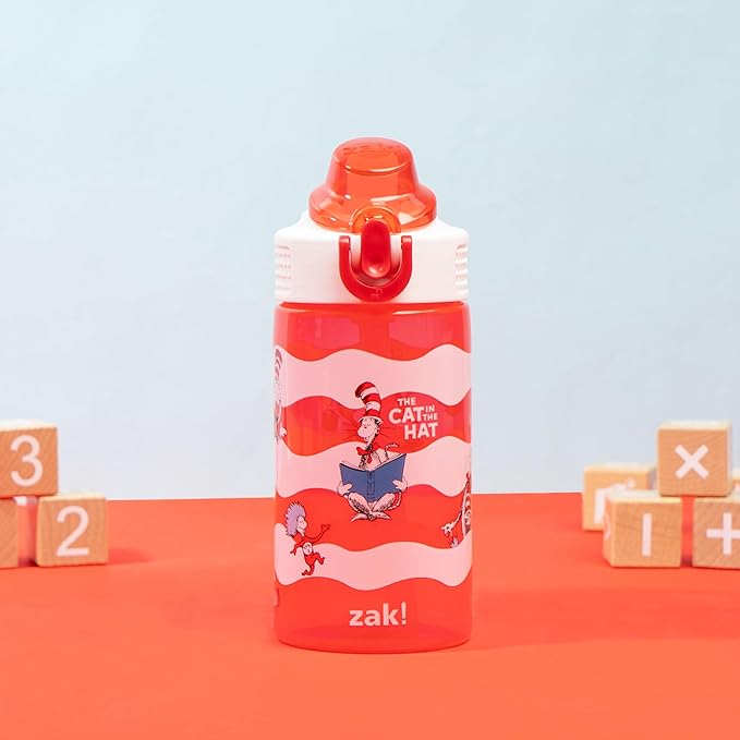 Zak Designs Dr. Seuss Sage Kids Water Bottle For School or Travel, 16oz Durable Plastic Water Bottle With Straw, Handle, and Leak-Proof, Pop-Up Spout Cover (The Cat in the Hat)