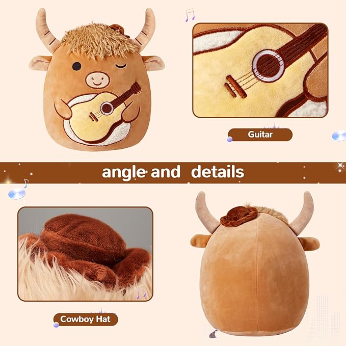 Glow Guards 12'' Highland Cow Plush Pillow Cute Highland Cow Stuffed Animal Holding Guitar Soft Plush Toy Birthday Gift for Boys Girls Kids