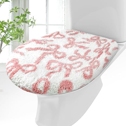 Pink Bow Toilet Lid Cover Washable Coquette Cute Plush Toilet Cover for Bathroom Decor Soft Microfiber 17.5 x 15 Inch Non Slip Rubber Backing Fits Most Round, Elongated