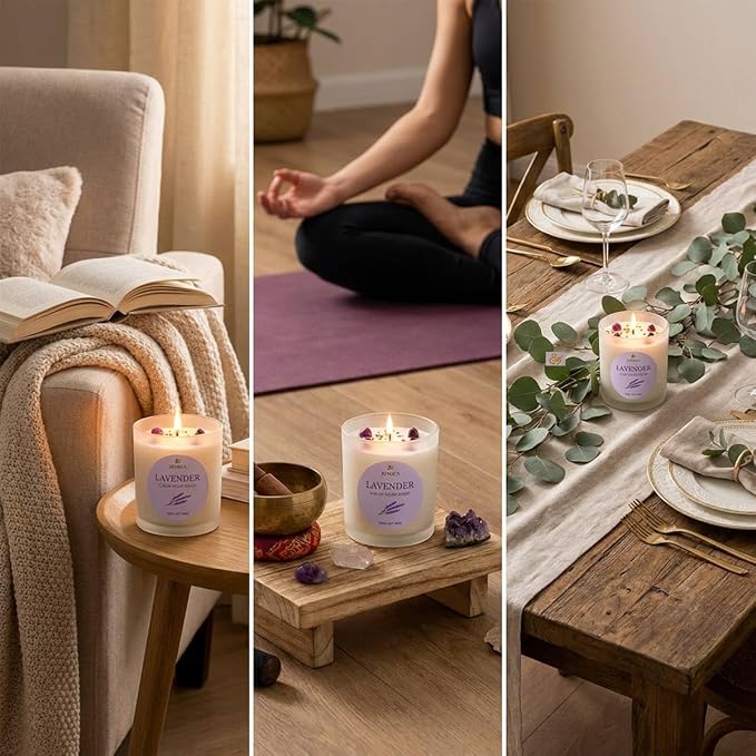 Meditation Candle Gift, 9 oz Lavender Crystal Candle, Wood Lid