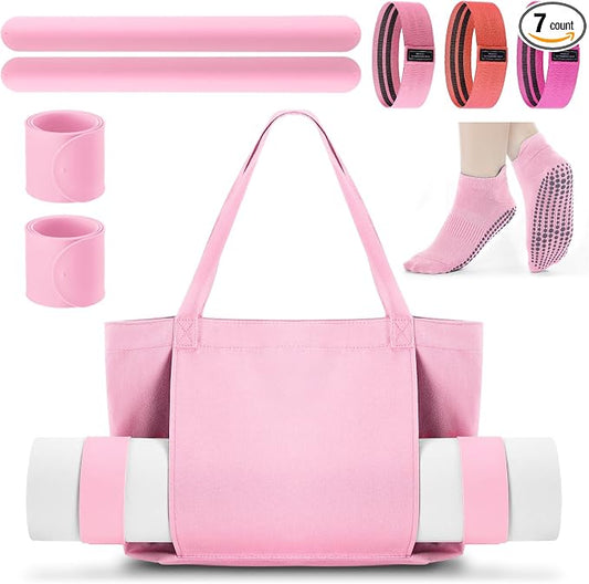 Halloscume Yoga Bag Set for Women Including Yoga Mat Tote Bag, Booty Resistance Bands, Non Slip Sports Socks Silicone Ties for Pilates Travel Workout Office Home Gym