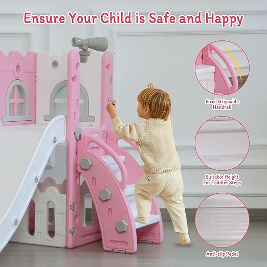 6 in 1 Toddler Slide,Kids Climber Slider for Indoor Outdoor Playground with Basketball Hoop,Storage and Telescope,L Shaped Slide for Toddler Climber Playset