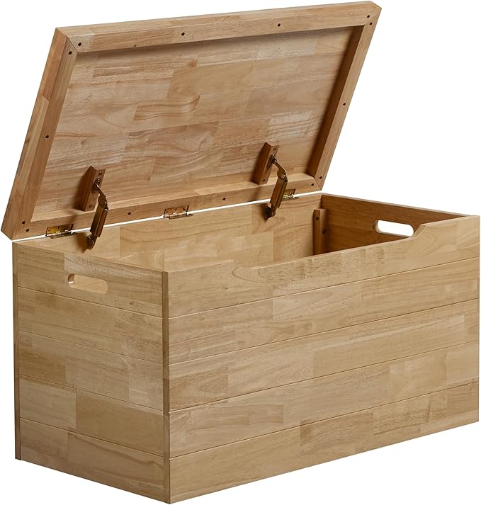 Solid Hardwood Storage Trunk, Natural, 35.5x18.63x19.5 | 2 Safety Hinges, Heavy-duty, Box, Rubberwood