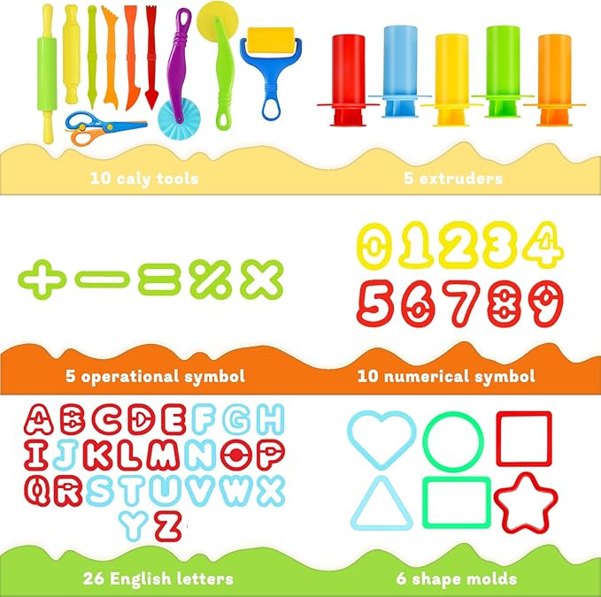 LCY WEDSHI Dough Tool Set, 62 Pcs Dough Tools Sets for Kids Ages 4-8, Dough Accessories Includes Alphabet Numbers Shapes, Cutters Roller, Rolling Pins, Safety Scissors, Plastic Knife