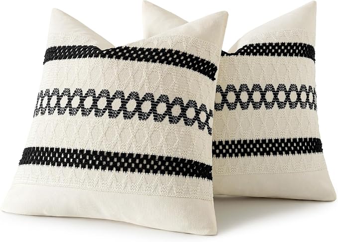 MIULEE Set of 2 Black Boho Decorative Pillow Covers 20x20 Inch | Farmhouse Couch Throw Pillows, Modern Cotton Cushion Covers, Macrame Woven Spring Home Decor for Bed Sofa Chair