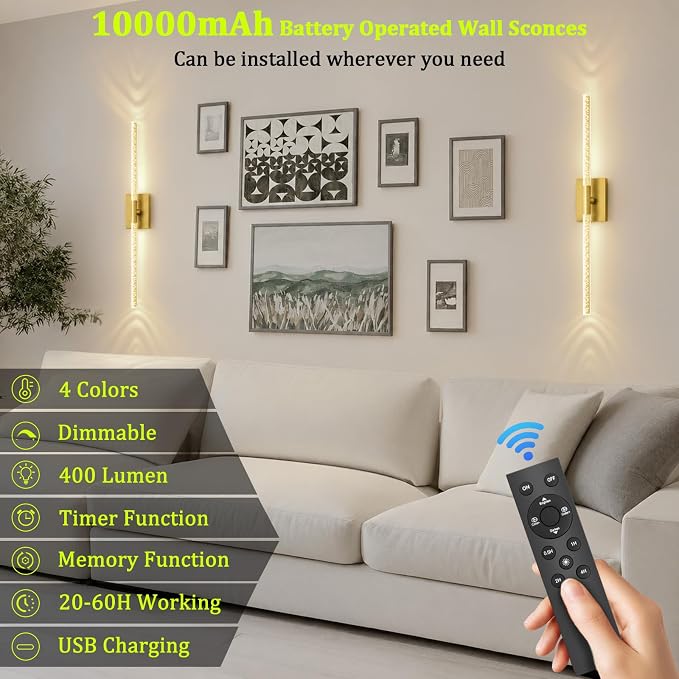 Battery Operated Wall Sconces Set of 2, 10000mAh, Gold Bubble | crystal inspired bubble wall lamp wireless, Remote control & 360° Rotate, for Bedroom Living Room Mirror Decor