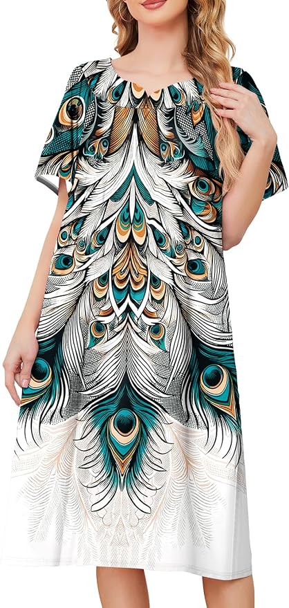 House Dresses for Women with Pockets Moo Moo Nightgown Short Sleeve Mumu Dress Lounge Dress S-3XL