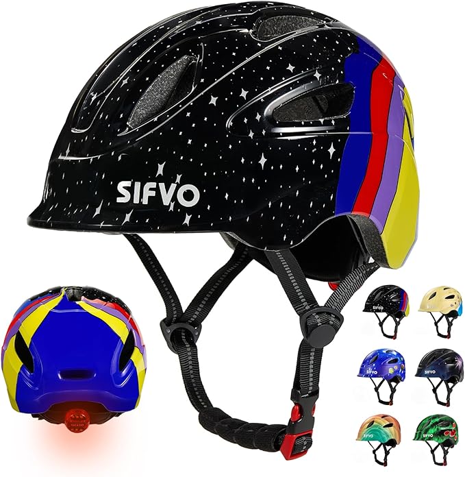 Kids Bike Helmet with LED Light, SIFVO Youth Toddler Boys Girls Helmets,2 Size Adjustable for Ages 3-5-10,Multi-Sport for Bicycle, Scooter, Skateboard,46-55cm