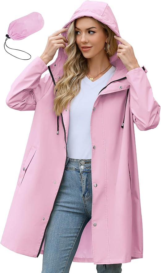 Zando Long Packable Rain Jacket Women Waterproof Raincoat with Hood | Relaxed-Fit Lightweight Windbreaker for Women; Travel Rain Coats for Commute, Hiking, Cruise, and Daily wear