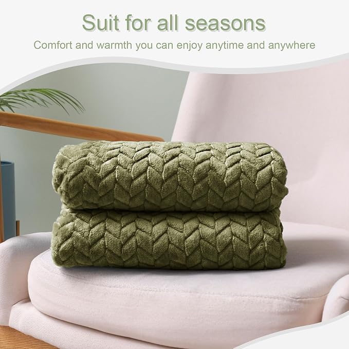 Exclusivo Mezcla Fleece Throw Blanket for Couch Sofa, 50”x70”, Olive Green | Oversized Soft Cozy Fluffy Blankets for Summer, Decorative Plush Flannel Throws for Living room, Bedroom with Leaves Pattern